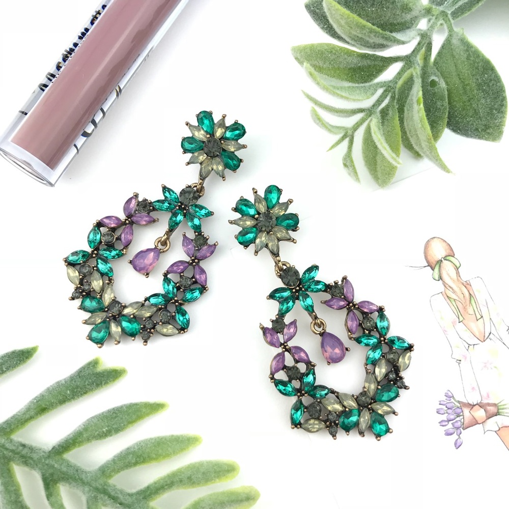 "Chelsea" Drop Crystal Earrings - Green & Lavender